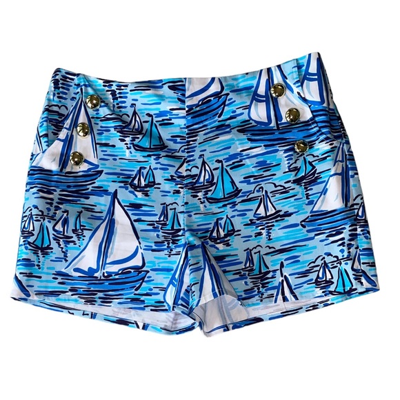 Sail to Sable STS Sail Boat Print Gold Button Shorts - M - Picture 2 of 11